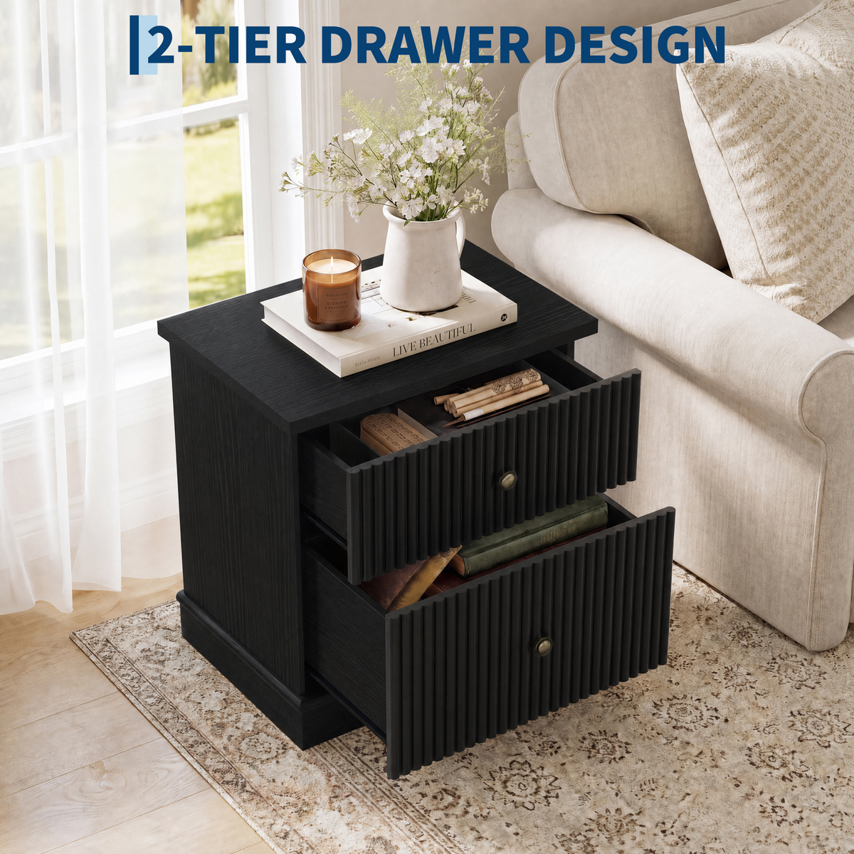 Garvee Mesita de Noche Moderna de MDF con 2 Cajones y Diseño Acanalado, Estructura Robusta de Madera para Dormitorio o Sala, 61 cm, Negro