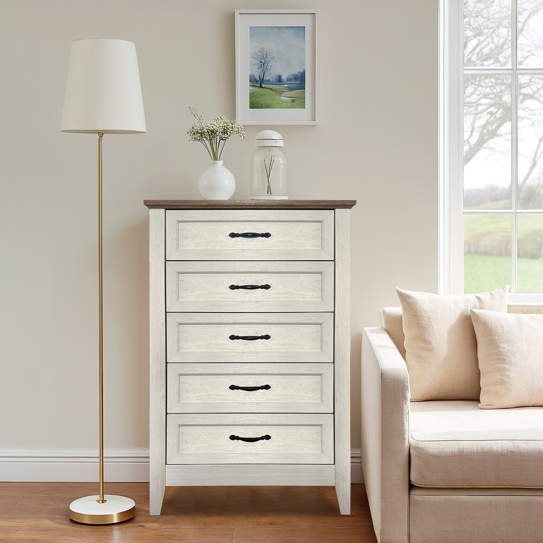 Garvee Cómoda Retro de 5 Cajones de MDF y Tablero de Partículas, Superficie Impermeable con Anclaje Antivuelco y Patas de Madera, 40 x 70 x 114 cm, Roble Blanco