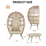 Garvee Silla Huevó Wicker Oversize con Ottoman, Rattan Resistente, Cojín Grueso, Estructura de Acero, Beige para Patio y Jardín - Beige