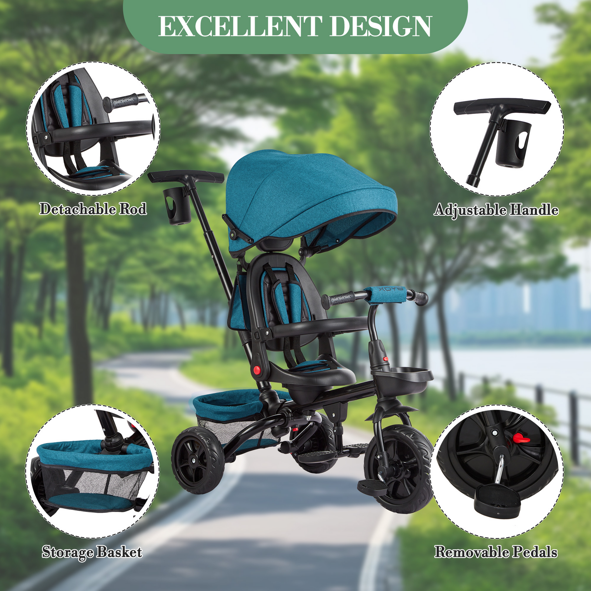 Garvee Triciclo Bebé Evolutivo 6 en 1 Acero Carbono Asiento Reversible Capota Ruedas EVA Antideslizantes Portavasos Canasta Ideal Viajes Verde