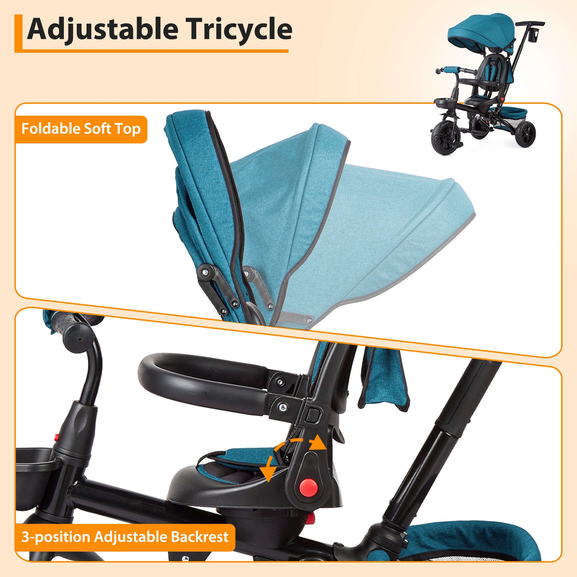 Garvee Triciclo Bebé Evolutivo 6 en 1 Acero Carbono Asiento Reversible Capota Ruedas EVA Antideslizantes Portavasos Canasta Ideal Viajes Verde