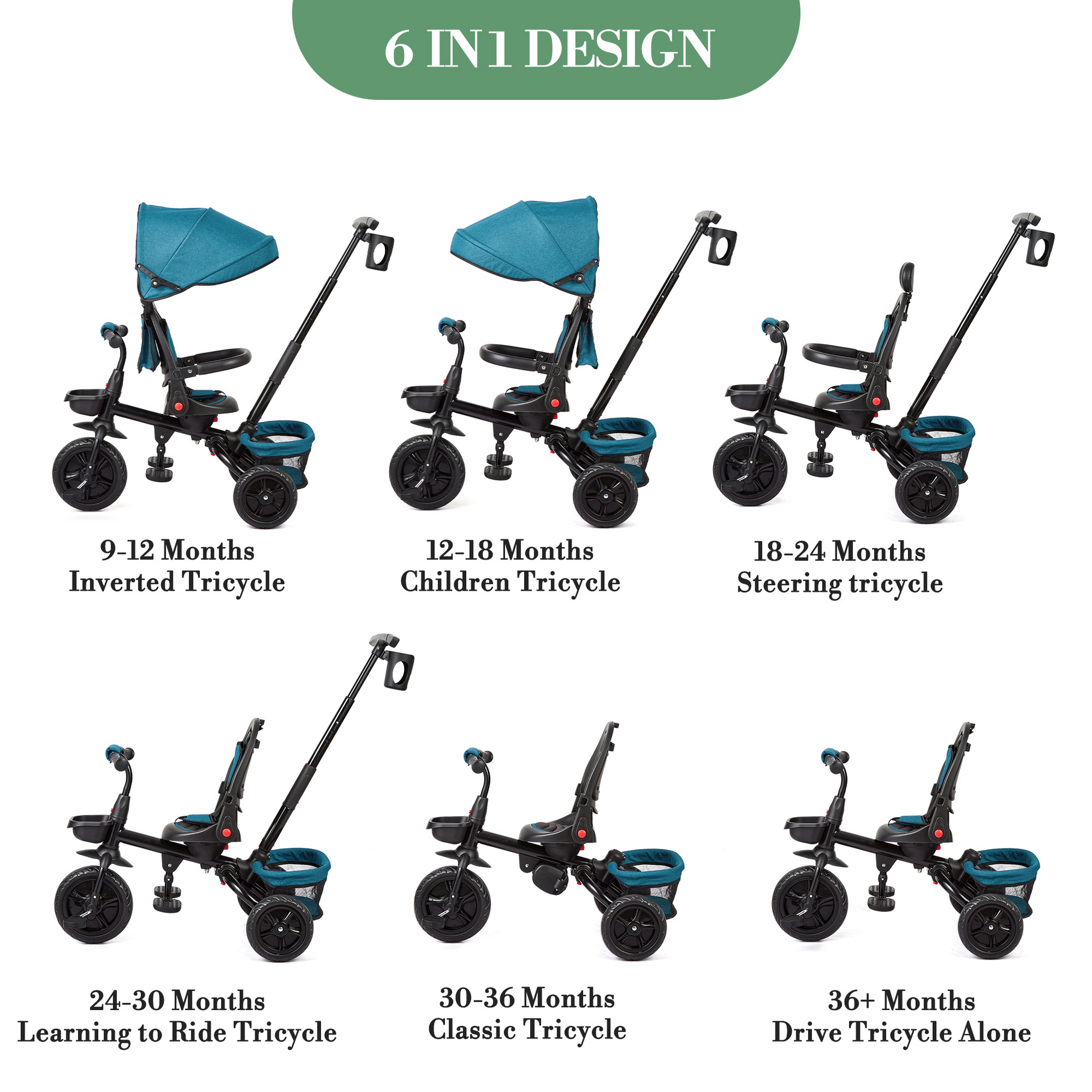 Garvee Triciclo Bebé Evolutivo 6 en 1 Acero Carbono Asiento Reversible Capota Ruedas EVA Antideslizantes Portavasos Canasta Ideal Viajes Verde