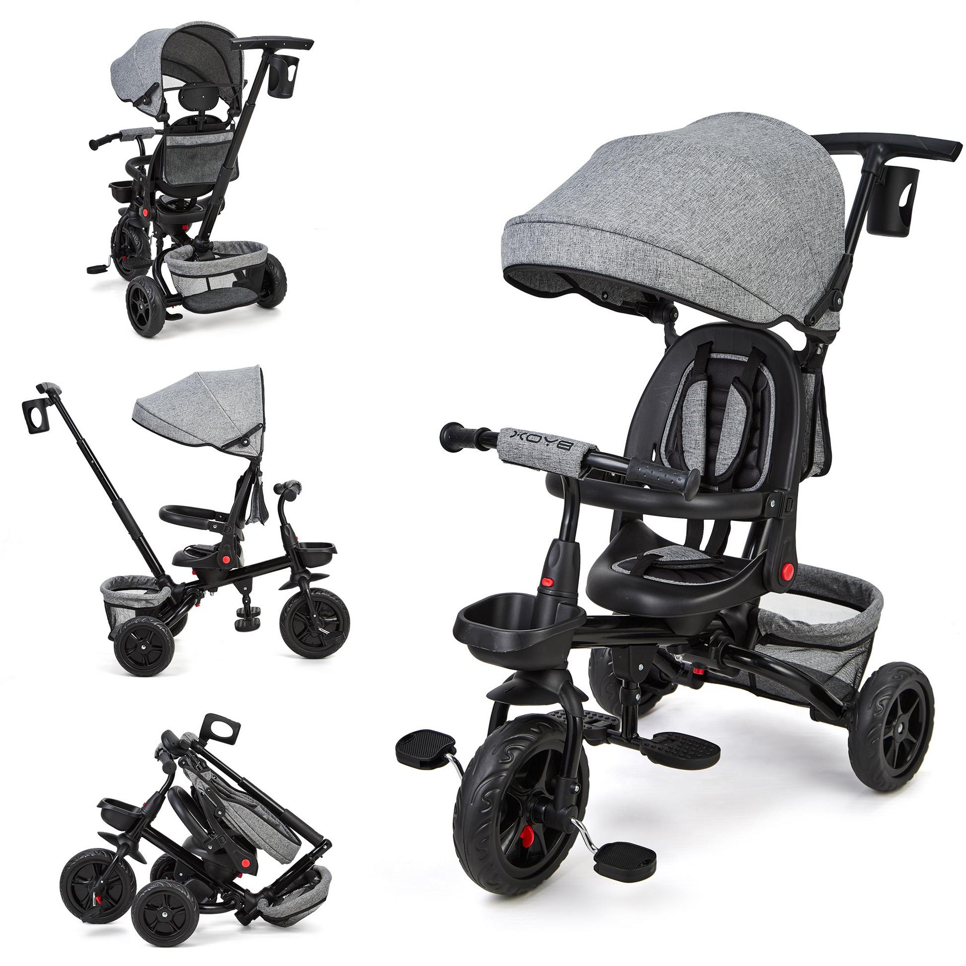 Garvee Triciclo Evolutivo Infantil 6 en 1 T08B Asiento Reversible Capota Plegable Acero al Carbono Cinturón de Seguridad de 3 Puntos para Niños de 10 Meses a 5 Años Gris