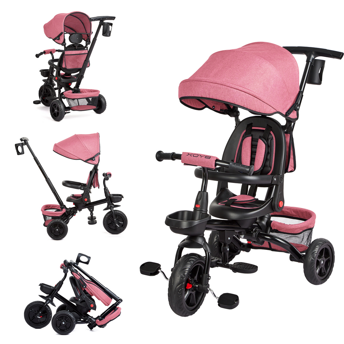 Garvee Triciclo Infantil Evolutivo 6 en 1 Marco Acero Carbono Asiento Reversible Capota Ruedas EVA Antideslizantes Plegable Práctico Viajes Rosa