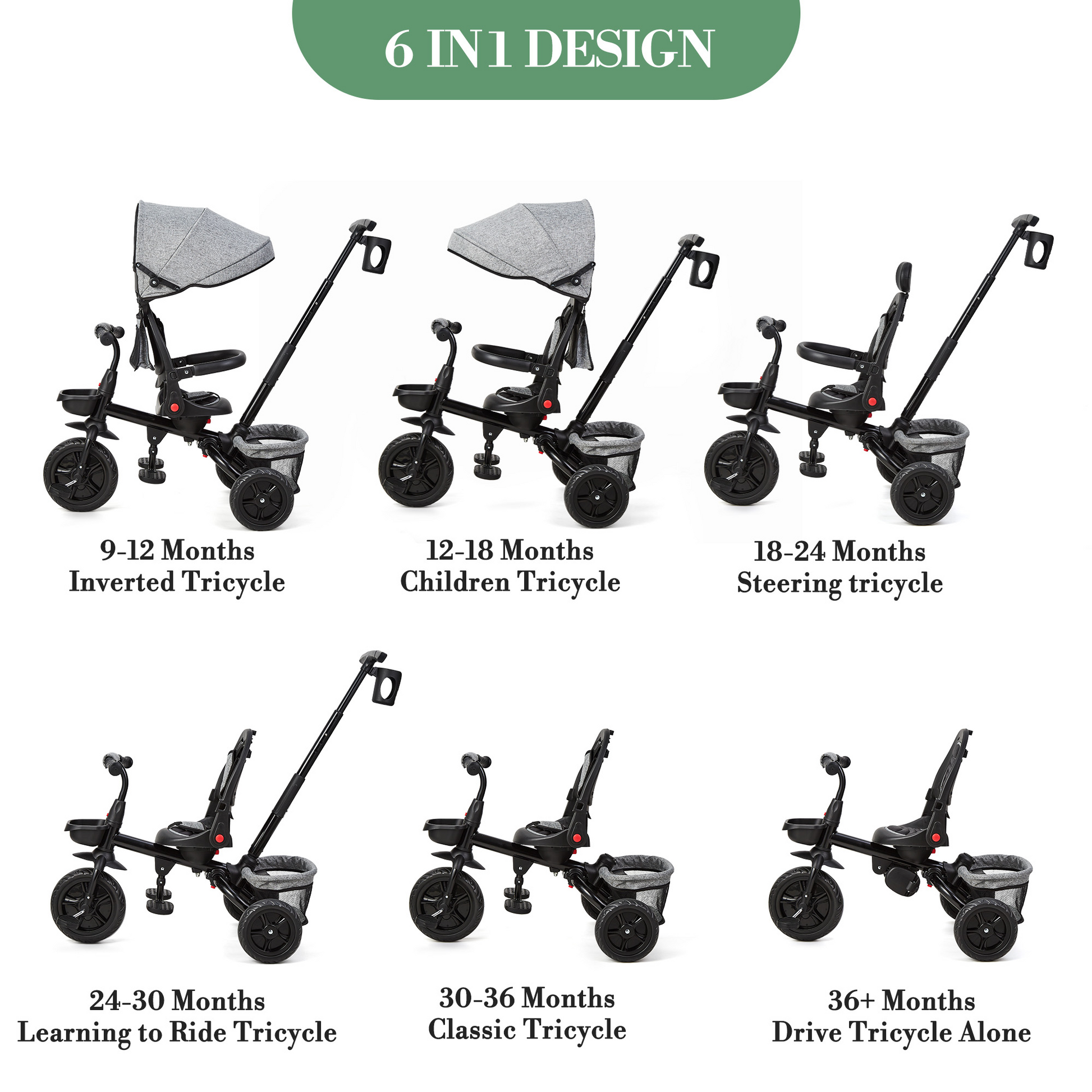 Garvee Triciclo Evolutivo Infantil 6 en 1 T08B Asiento Reversible Capota Plegable Acero al Carbono Cinturón de Seguridad de 3 Puntos para Niños de 10 Meses a 5 Años Gris