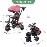 Garvee Triciclo Infantil Evolutivo 6 en 1 Marco Acero Carbono Asiento Reversible Capota Ruedas EVA Antideslizantes Plegable Práctico Viajes Rosa