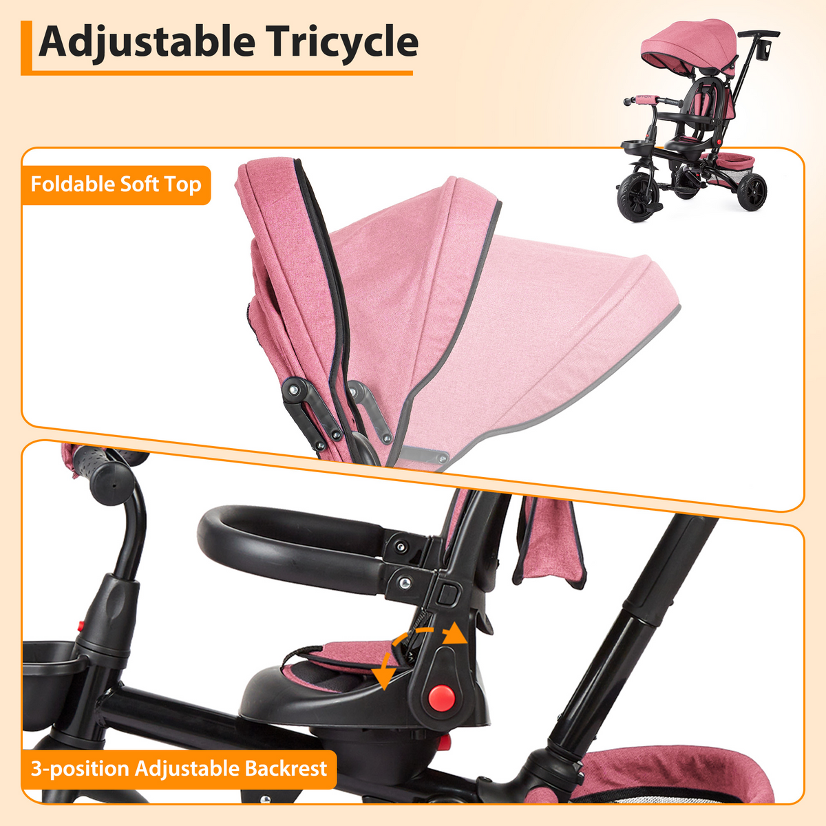 Garvee Triciclo Infantil Evolutivo 6 en 1 Marco Acero Carbono Asiento Reversible Capota Ruedas EVA Antideslizantes Plegable Práctico Viajes Rosa
