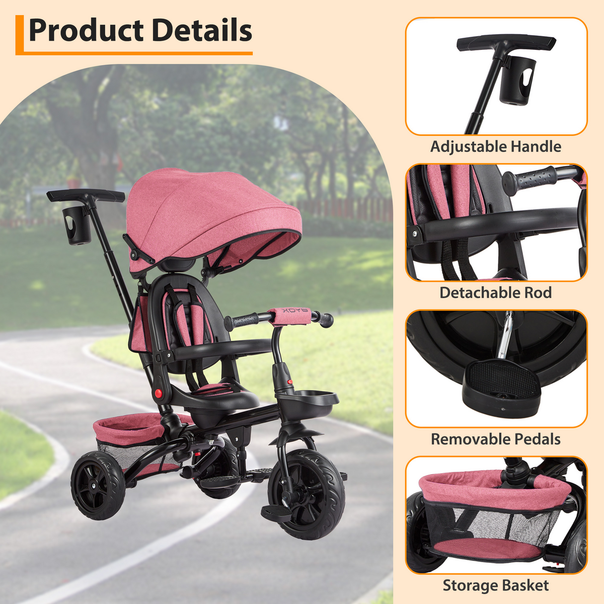 Garvee Triciclo Infantil Evolutivo 6 en 1 Marco Acero Carbono Asiento Reversible Capota Ruedas EVA Antideslizantes Plegable Práctico Viajes Rosa