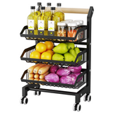 Garvee Carrito De Cocina De Acero Al Carbono 3 Niveles Con Canastas De Alambre Y Mango De Madera Para Cocina Y Despensa - Negro