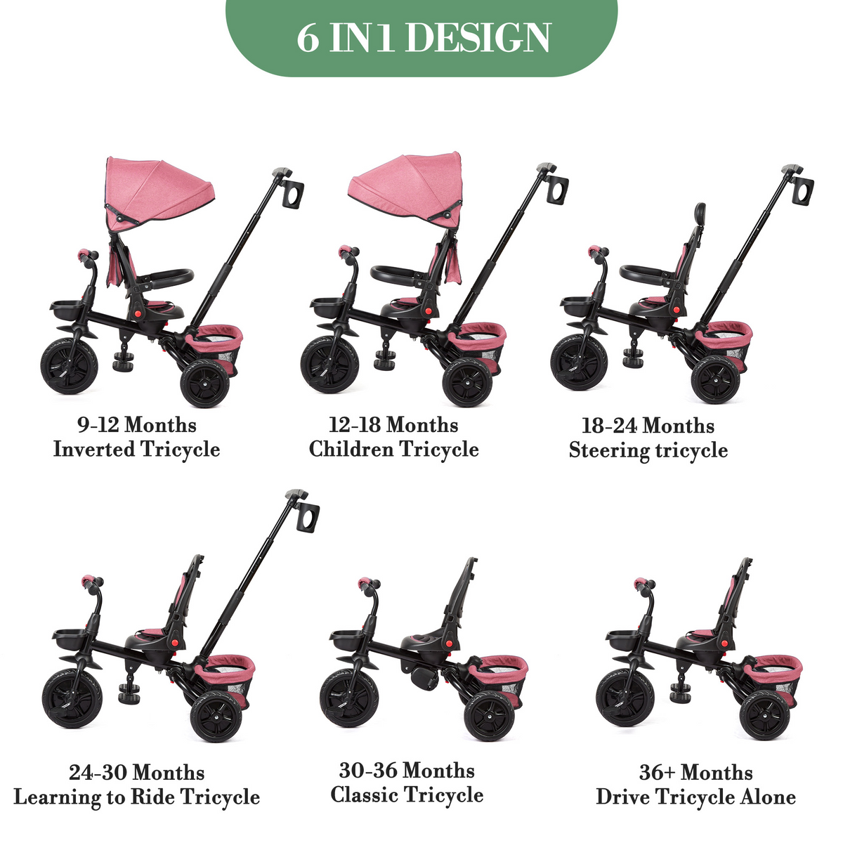 Garvee Triciclo Infantil Evolutivo 6 en 1 Marco Acero Carbono Asiento Reversible Capota Ruedas EVA Antideslizantes Plegable Práctico Viajes Rosa