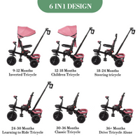 Garvee Triciclo Infantil Evolutivo 6 en 1 Marco Acero Carbono Asiento Reversible Capota Ruedas EVA Antideslizantes Plegable Práctico Viajes Rosa