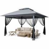 Garvee Gazebo Plegable 396x396 cm con Mosquitera y Alero Retráctil de un Solo Toque Estructura de Acero Resistente Impermeable Protección UV Patio Jardín Gris - Gris