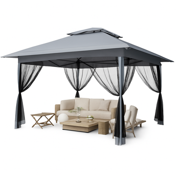 Garvee Gazebo Plegable 396x396 cm con Mosquitera y Alero Retráctil de un Solo Toque Estructura de Acero Resistente Impermeable Protección UV Patio Jardín Gris