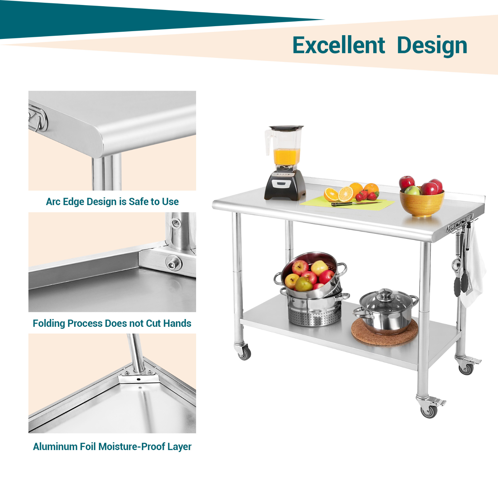 Garvee Mesa de Preparación con 5 Ganchos y Ruedas  Mueble de Acero Inoxidable para Cocina