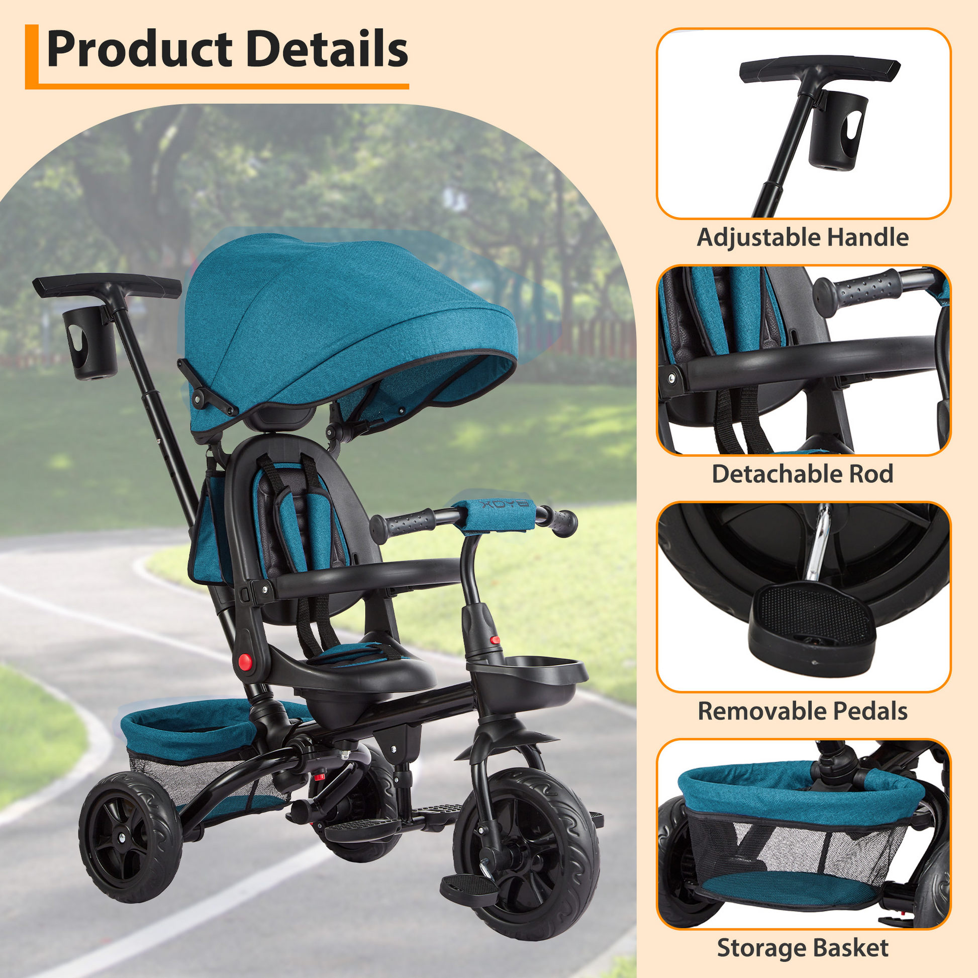 Garvee Triciclo Bebé Evolutivo 6 en 1 Acero Carbono Asiento Reversible Capota Ruedas EVA Antideslizantes Portavasos Canasta Ideal Viajes Verde