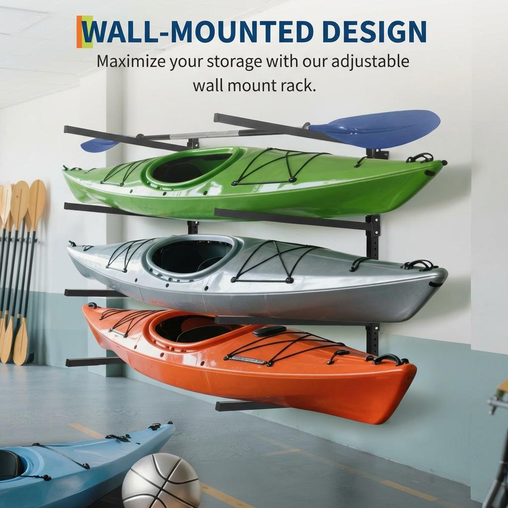 Garvee Soporte de Pared Ajustable para 4 Kayaks, Capacidad 181 kg, Acero Q235, Brazos Regulables, para Garaje y Exterior, Negro