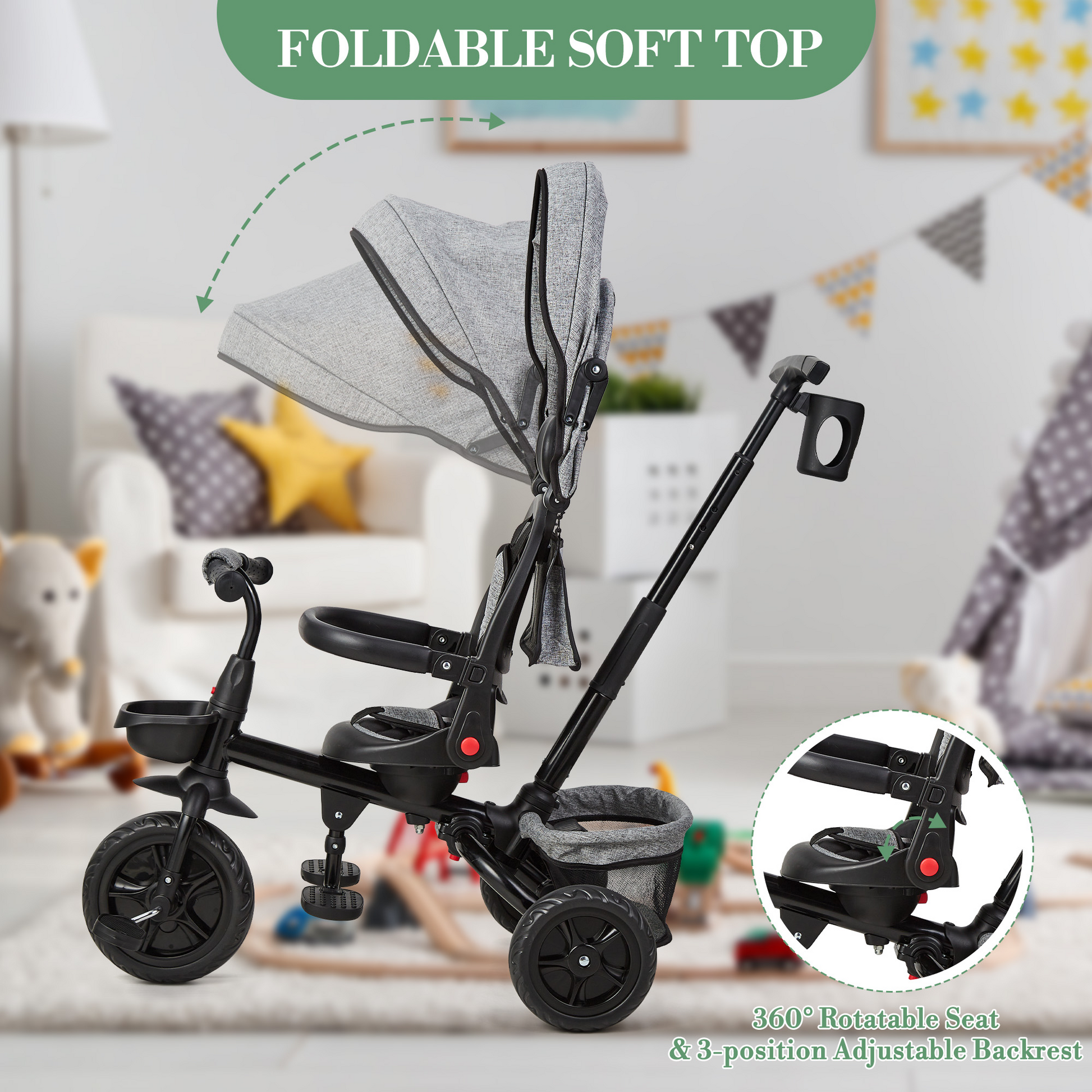 Garvee Triciclo Evolutivo Infantil 6 en 1 T08B Asiento Reversible Capota Plegable Acero al Carbono Cinturón de Seguridad de 3 Puntos para Niños de 10 Meses a 5 Años Gris