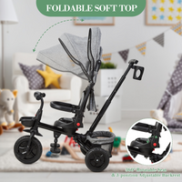 Garvee Triciclo Evolutivo Infantil 6 en 1 T08B Asiento Reversible Capota Plegable Acero al Carbono Cinturón de Seguridad de 3 Puntos para Niños de 10 Meses a 5 Años Gris