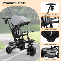 Garvee Triciclo Evolutivo Infantil 6 en 1 T08B Asiento Reversible Capota Plegable Acero al Carbono Cinturón de Seguridad de 3 Puntos para Niños de 10 Meses a 5 Años Gris