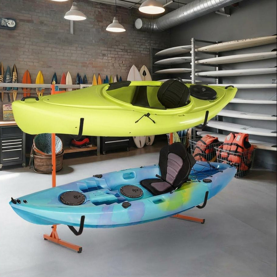 Garvee Soporte para Kayak de Acero Resistente de 2 Niveles, Estante de Almacenamiento Ajustable de 123 a 182,5 cm para Tablas de Surf y Canoas en Interior y Exterior, Naranja