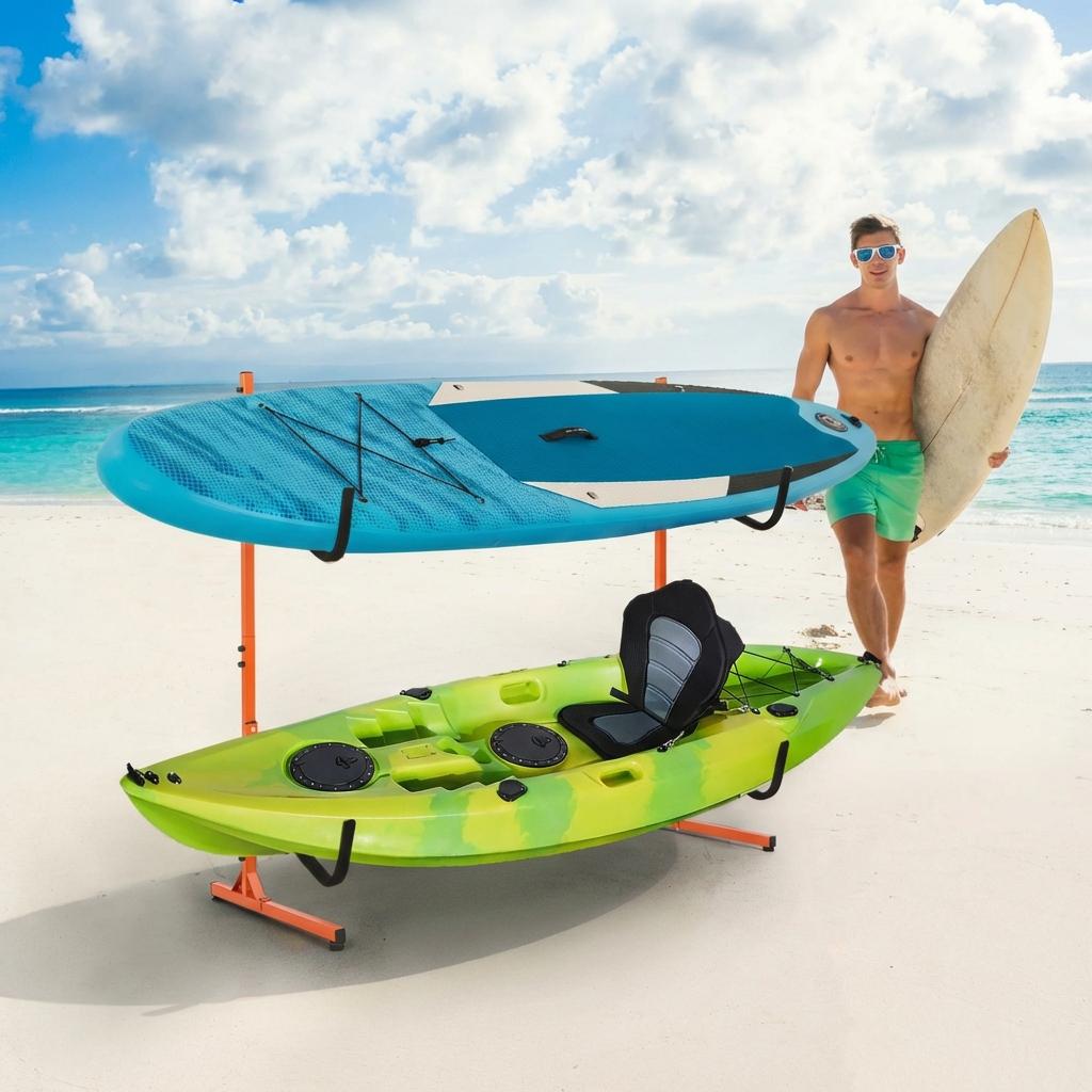 Garvee Soporte para Kayak de Acero Resistente de 2 Niveles, Estante de Almacenamiento Ajustable de 123 a 182,5 cm para Tablas de Surf y Canoas en Interior y Exterior, Naranja