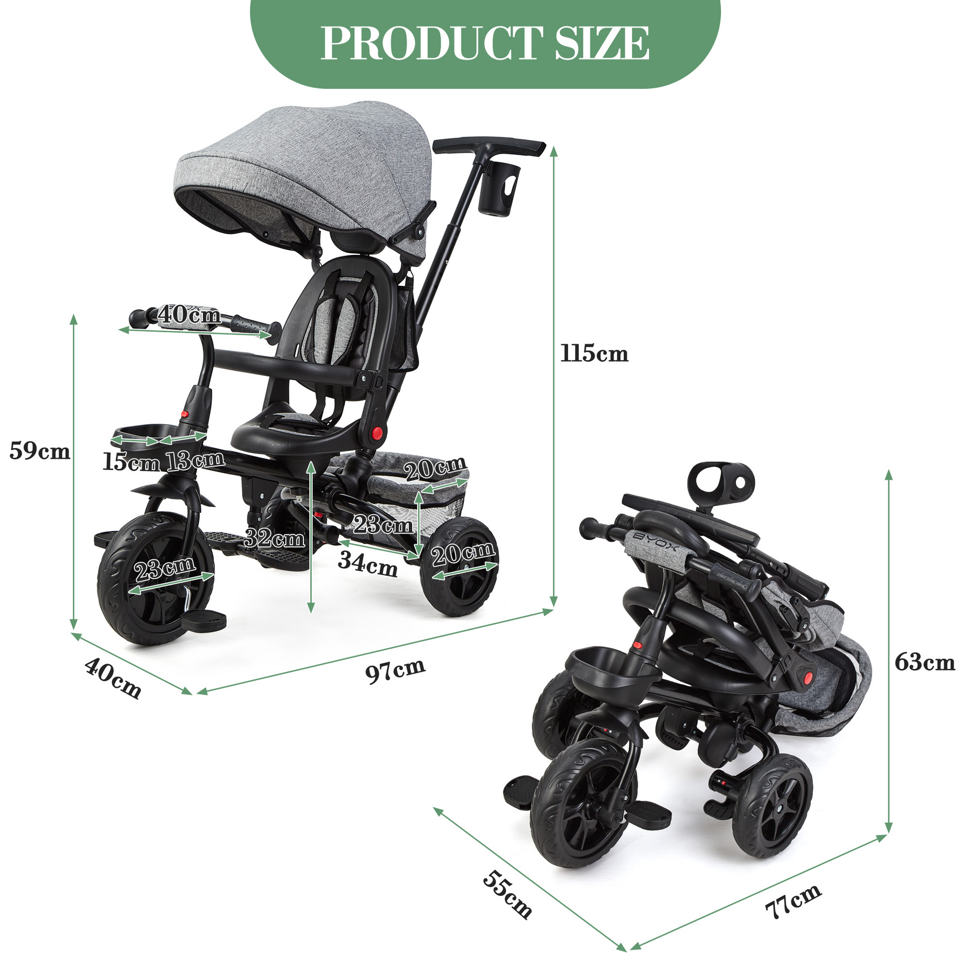 Garvee Triciclo Evolutivo Infantil 6 en 1 T08B Asiento Reversible Capota Plegable Acero al Carbono Cinturón de Seguridad de 3 Puntos para Niños de 10 Meses a 5 Años Gris