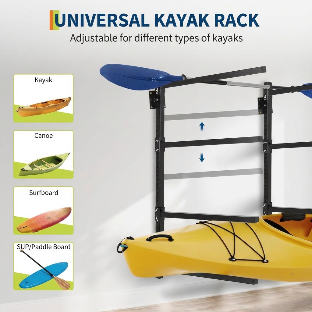 Garvee Soporte de Pared Ajustable para 4 Kayaks, Capacidad 181 kg, Acero Q235, Brazos Regulables, para Garaje y Exterior, Negro