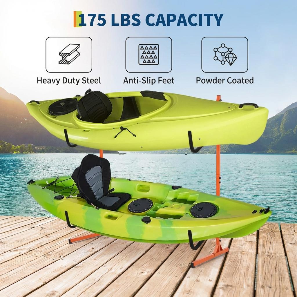 Garvee Soporte para Kayak de Acero Resistente de 2 Niveles, Estante de Almacenamiento Ajustable de 123 a 182,5 cm para Tablas de Surf y Canoas en Interior y Exterior, Naranja