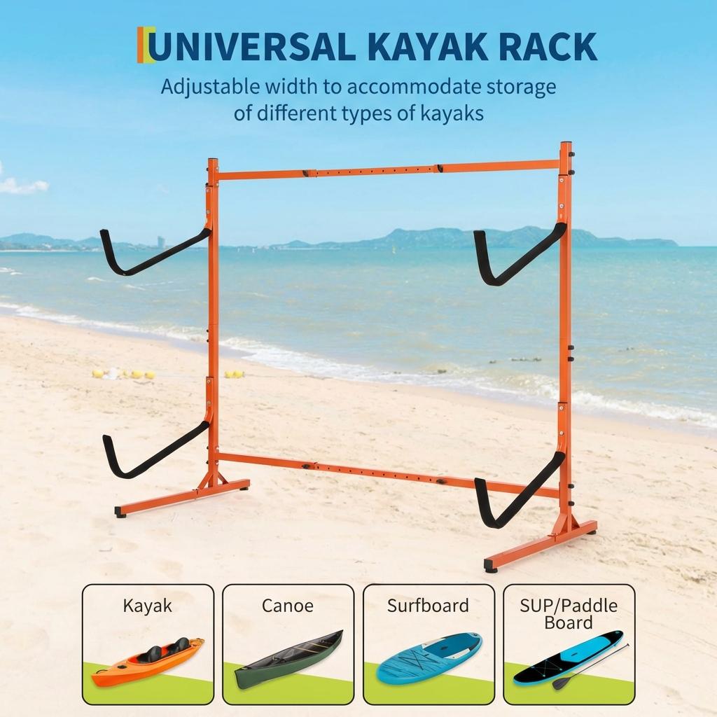 Garvee Soporte para Kayak de Acero Resistente de 2 Niveles, Estante de Almacenamiento Ajustable de 123 a 182,5 cm para Tablas de Surf y Canoas en Interior y Exterior, Naranja