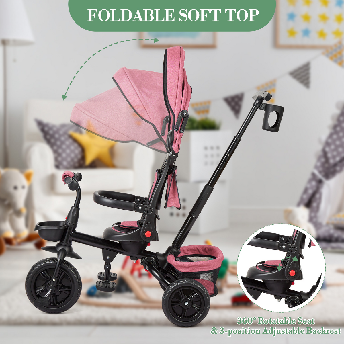 Garvee Triciclo Infantil Evolutivo 6 en 1 Marco Acero Carbono Asiento Reversible Capota Ruedas EVA Antideslizantes Plegable Práctico Viajes Rosa