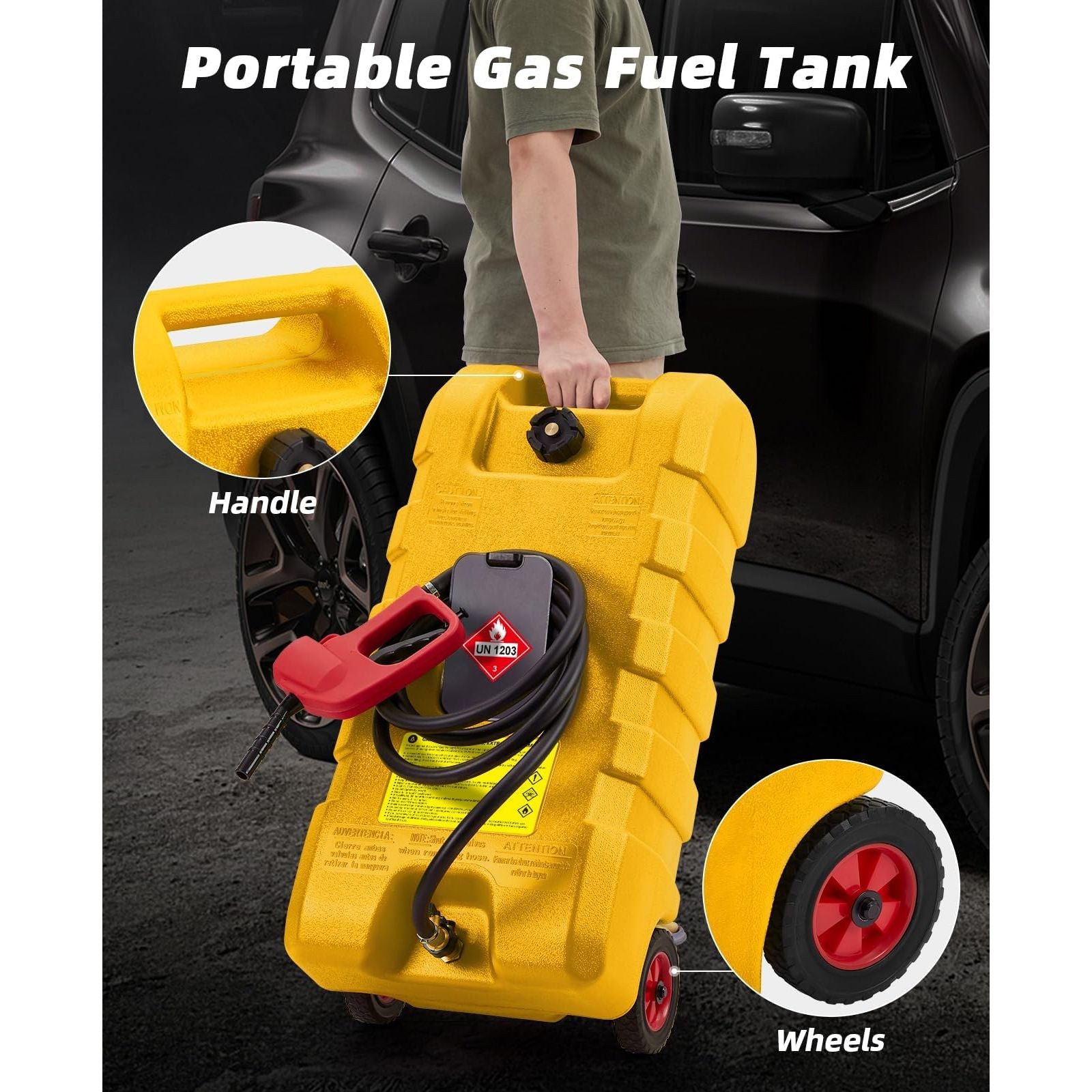 Garvee Tanque de Gasolina Portátil 56.78L HDPE Resistente UV Doble Válvula Antifugas Bomba Manguera 3.05m Ruedas Autos, Barcos Color Amarillo