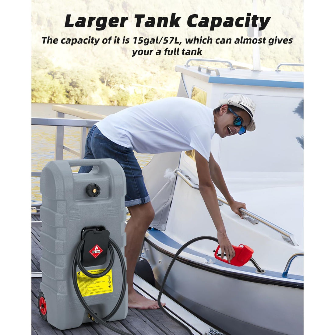 Garvee Tanque de Gasolina 15 Galones HDPE Resistente UV Bomba Manual Doble Válvula Antifugas Ruedas Manguera Portátil Autos, Barcos Color Gris