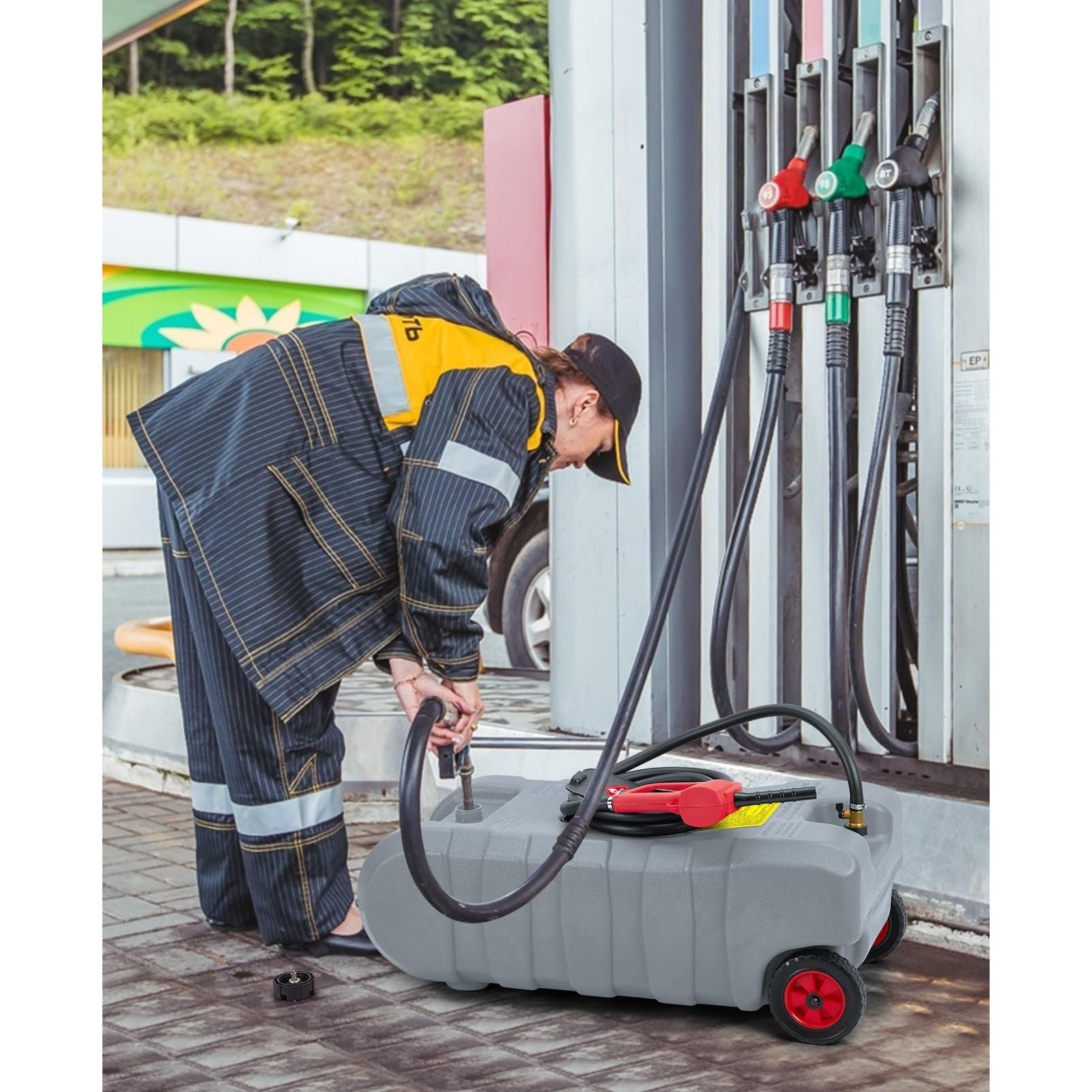 Garvee Tanque de Gasolina 15 Galones HDPE Resistente UV Bomba Manual Doble Válvula Antifugas Ruedas Manguera Portátil Autos, Barcos Color Gris