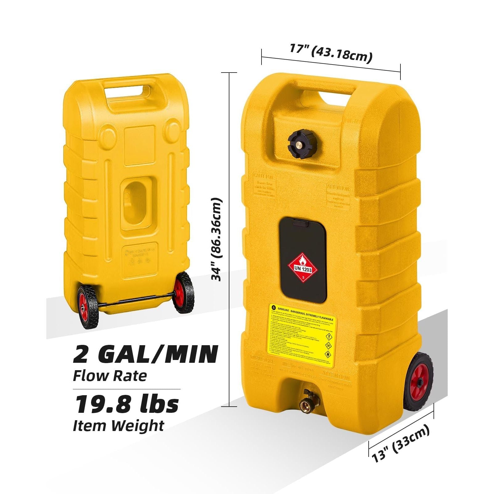 Garvee Tanque de Gasolina Portátil 56.78L HDPE Resistente UV Doble Válvula Antifugas Bomba Manguera 3.05m Ruedas Autos, Barcos Color Amarillo