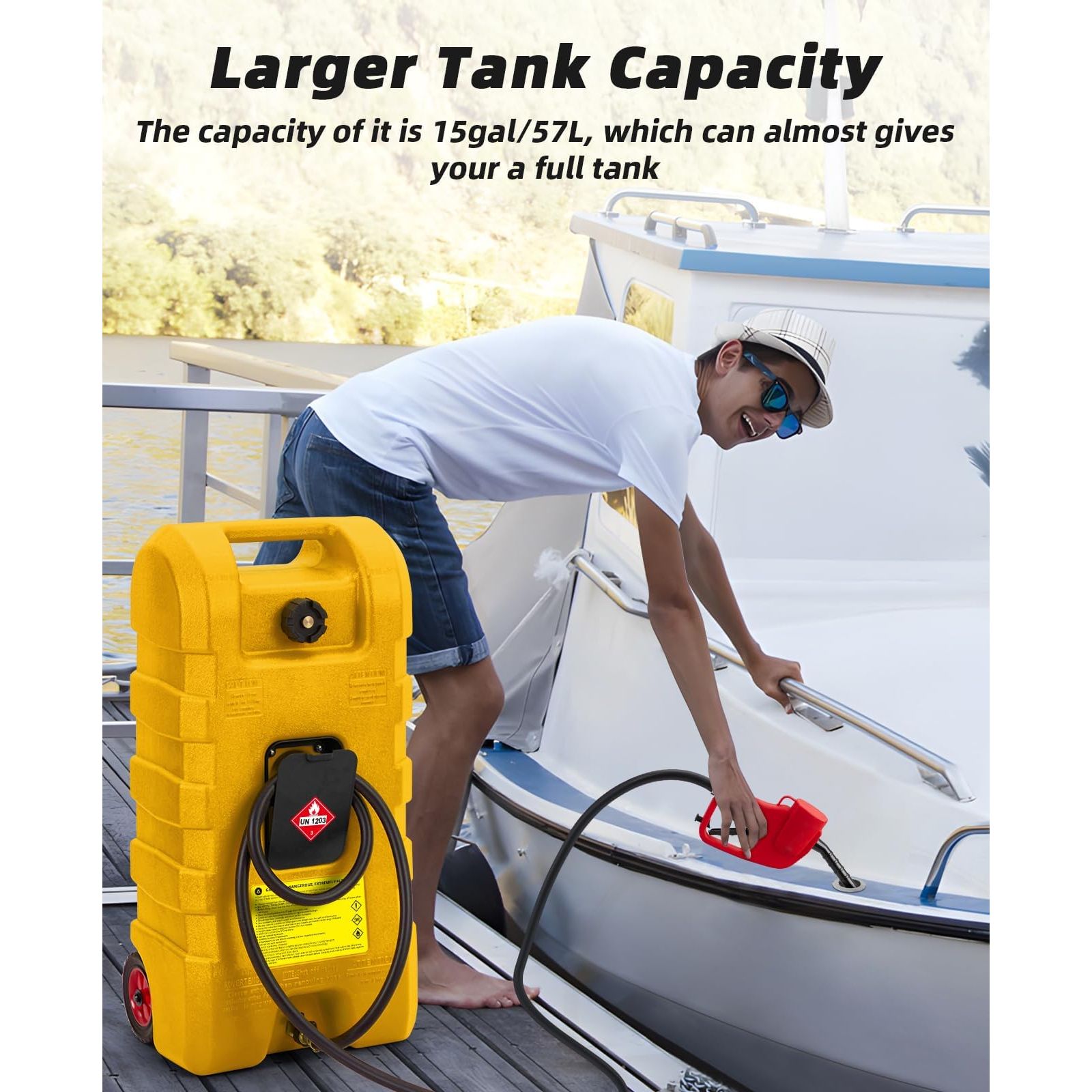 Garvee Tanque de Gasolina Portátil 56.78L HDPE Resistente UV Doble Válvula Antifugas Bomba Manguera 3.05m Ruedas Autos, Barcos Color Amarillo