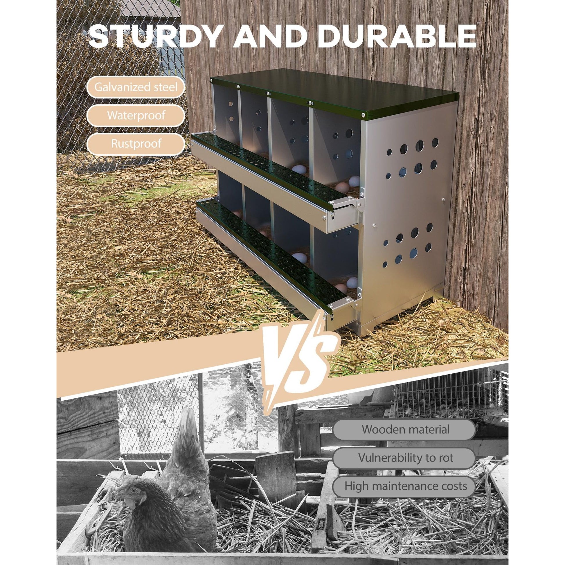 Garvee Caja de Anidación para Gallinas 2 Capas 8 Compartimentos, Acero Galvanizado, Con 8 Huevos Falsos, Fácil Limpieza, Montaje en Pared Gallineros, Verde Oscuro