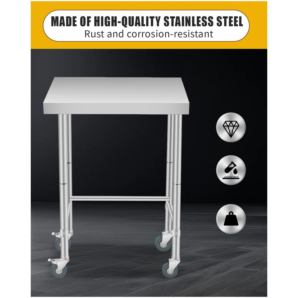 Garvee Mesa de Trabajo de Acero Inoxidable 46×92 cm con Ruedas Bloqueables y Marco Reforzado para Cocina y Restaurante Superficie Resistente Base Abierta Capacidad 136 kg